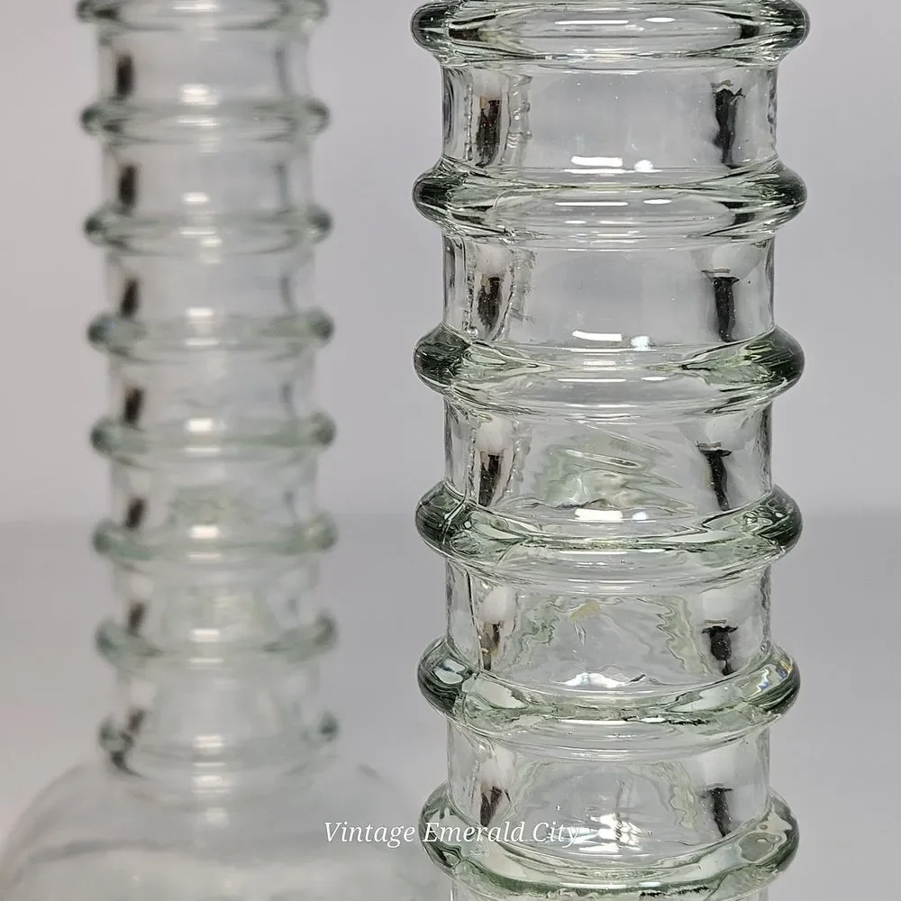 Vtg Stacked Bubble Glass 20th Century Ribbed Pale Green Candle Holders Spain Set